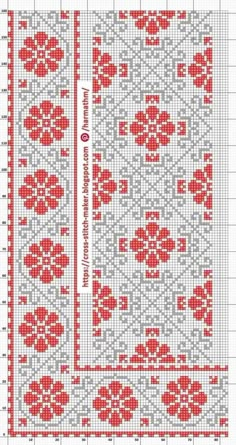 a cross stitch pattern with red flowers on the bottom and grey border, in two rows