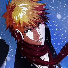 an anime character with red hair in the snow