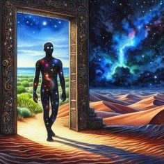 a painting of a man walking out of an open door into the desert with stars in the sky