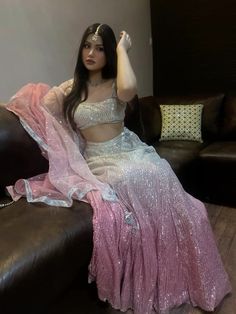 Pink Outfits Indian, Lehengas Aesthetic, Pink Desi Outfit, Lengha Outfits, Aesthetic Lehengas, Pink Traditional Outfit, Trending Wedding Outfits, Hairstyles On Lehenga, Lehenga Aesthetic