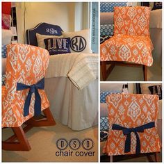 an orange and white chair covered with a blue ribbon