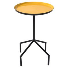 a yellow table with black legs and a round tray on the top, sitting on a white background