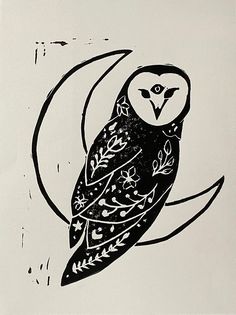 a black and white drawing of an owl sitting on top of a branch with leaves