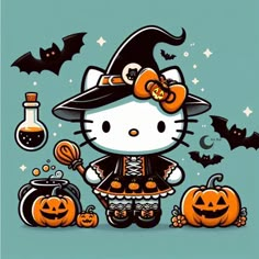 hello kitty halloween wallpaper with pumpkins and witches