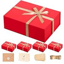 a red gift box with gold ribbon and four matching boxes, all wrapped in brown paper