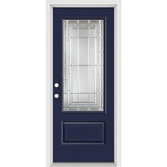 a blue door with glass panels on the side