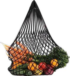 a black mesh bag filled with lots of fruit