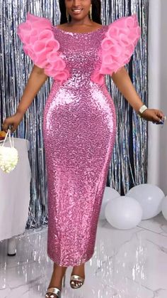 Pink Sequin Dress, Vestidos Color Rosa, Dinner Dress Classy, African Lace Dresses, Plus Size Party Dresses, African Fashion Women Clothing, Formal Cocktail Dress, Dress Sleeve Styles, Women's Evening Dresses