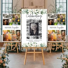 an outdoor ceremony with flowers and pictures on easels in front of the sign that says, celebrating the best of robert robinson