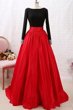 MACloth Long Sleeves Beaded Black Red Ball Gown Prom Dress Formal Evening Gown Formal Skirt And Blouse Wedding, Black And Red Dress Formal Ball Gowns, New Dress Designs, Gown Models, Long Sleeve Prom Dresses, Black And Red Dress, Red Ball Gowns, Black Gown Dress, Red And Black Dress