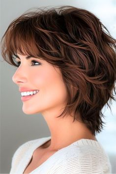 Feathered Layers with Bangs Short Hairstyle. Shag Haircut With Bangs Short, Hairstyles For Thick Coarse Hair Over 50, Frizzy Hair With Bangs, Full Short Hairstyles, Short Wavy Shag With Bangs, Short Hair Cuts With Bangs And Layers, Medium Length Wavy Hair With Bangs, Hair Styles For Over 60 Aging Gracefully, Short Choppy Hairstyle Women