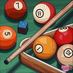 billiard balls and cues are arranged on the floor for an animated video game