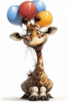 a giraffe with balloons on its head is sitting in front of the camera