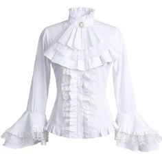 PRICES MAY VARY. This white blouse is made from a cotton blend fabric and the black blouse is made from Chiffon fabric embellished with charming lace, this blouse is high quality but non-stretchy and smooth to the touch for a comfortable fit. The Vintage Victorian lace lolita blouse features a stand-up collar, detachable tie, lovely flared long sleeves with lace and ruffles accents, button closure, and lace-up back adjustment Inspired by the romantic Victorian era, this women's blouse exudes tim Ruffled Button Up Shirt, Long Shirts For Women Casual, White Goth Clothes, Victorian Button Up, Fancy White Shirt, Neo Victorian Fashion, Victorian Inspired Outfits, Fantasy Blouse, Cute White Shirt