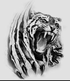 a black and white photo of a tiger with its mouth open