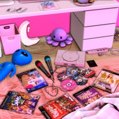 an image of a bedroom scene with toys on the bed and other items scattered around