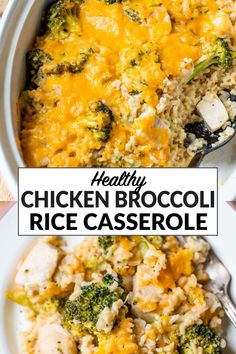 chicken and broccoli rice casserole in a white bowl with a spoon