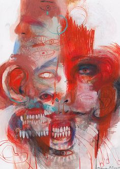 an abstract painting with multiple faces and teeth