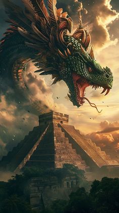 an artistic painting of a dragon on top of a pyramid in the sky with clouds