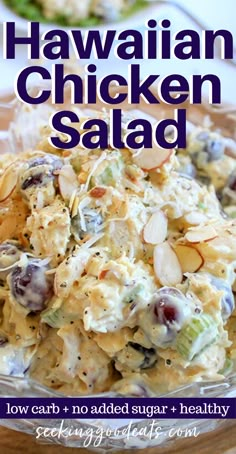 a bowl filled with chicken salad and almonds