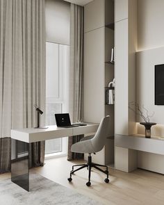 a white desk with a laptop computer on top of it next to a large window