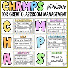 classroom management poster with the words champs for great classroom management and other important activities