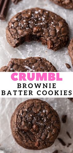 chocolate brownie mix cookies on parchment paper with text overlay that reads, browned chocolate cookie