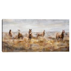 four horses running in a field on a cloudy day canvas wall art print, ready to hang