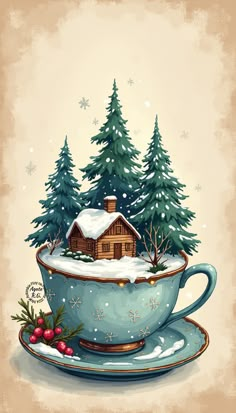 a tea cup with a house in the middle and snow on it, surrounded by evergreen trees