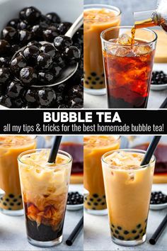 four different types of bubble tea in glasses