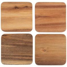 four square wooden coasters with different wood grain designs on them, all in various sizes and colors