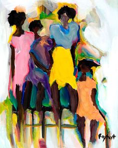 an oil painting of three women sitting on a bench with their arms around each other