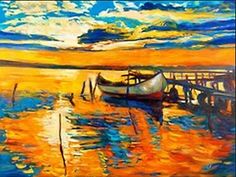 a painting of boats on the water at sunset with clouds in the sky above them