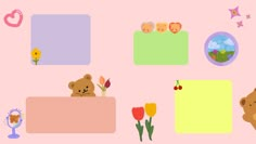 a teddy bear sitting on top of a couch next to flowers and vases in front of a pink wall