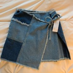 Bdg (Urban Outfitters) Denim Jean Wrap Skirt, Nwt (Never Worn, Size S Exposed Seams Fashion, Jean Skirt Upcycle Diy Ideas, Denim Wrap Top, Wrap Jean Skirt, Upcycle Western Clothes, Jean Into Skirt, Skirts Made From Denim Jeans, Cute Jean Skirts, Skirt From Jeans