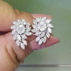 Diamond Earrings Design, Gold Earrings Designs, Cluster Earrings, Fine Earrings, Simple Earrings, Diamond Cluster, Moissanite Diamonds, Lab Created Diamonds, Round Cut Diamond