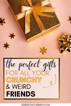 the perfect gifts for all your crunchy and weird friends are on this pink background