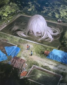 two people standing in front of a painting of a woman's head with long white hair