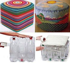 there are many different items that can be found in this project, including plastic bottles and crocheted rugs