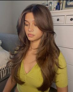 haircut inspo | long hair | aesthetic | curtain bangs Long Layers On Thick Hair, Brown With Curtain Bangs, Brunette Blowout Hair, Long Brown Hair With Layers, 2000s Haircuts, Bangs Inspo, Bouncy Blowout, Hair Caramel, Hair 2025