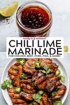 grilled chicken marinade on a white plate next to a jar of marinade