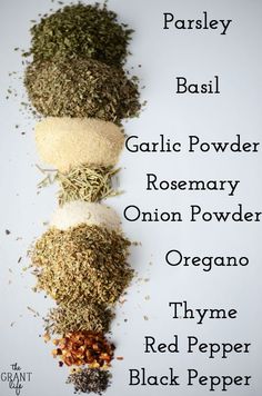 spices are arranged on top of each other to spell out the different types of herbs