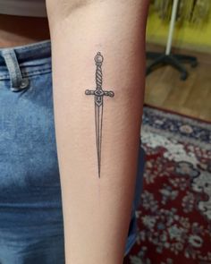 Small Medieval Tattoo, Small Dagger Tattoo Simple, Fantasy Dagger Tattoo, Tiny Dagger Tattoo, Dagger Chest Tattoo, Small Dagger Tattoo, Simple Dagger Tattoo, Daggar Tattoo, Feminine Dagger Tattoo