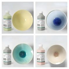 four different bowls and one bottle of liquid on a white surface, all with the same color