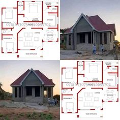 two pictures showing the plans for a small house, and an image of people standing in front of it