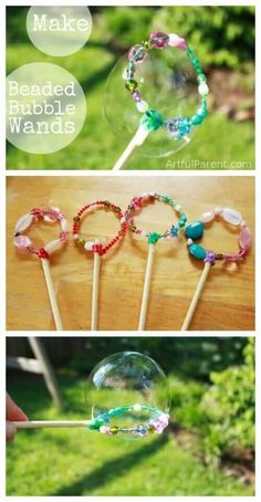 four pictures showing how to make beaded bubble wands