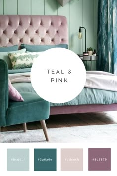 a bedroom with teal and pink colors