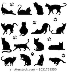 black silhouettes of cats and kittens with paw prints