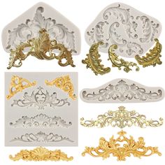 some decorative gold and silver items on a white background