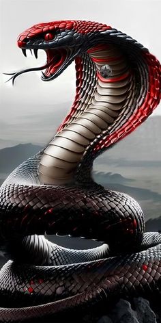 a red and black snake with its mouth open